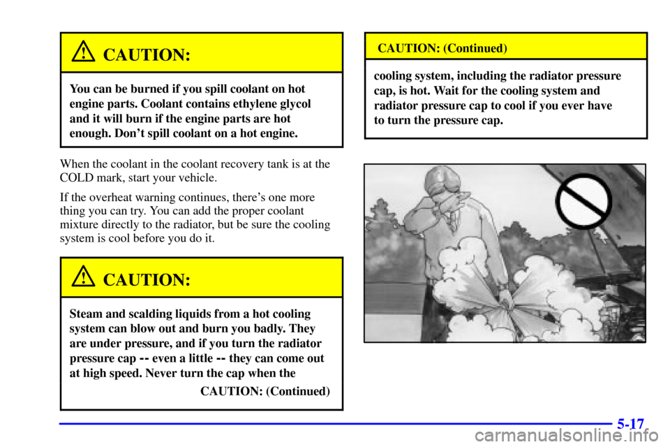 CHEVROLET IMPALA 2002 8.G Owners Manual 5-17
CAUTION:
You can be burned if you spill coolant on hot
engine parts. Coolant contains ethylene glycol
and it will burn if the engine parts are hot
enough. Dont spill coolant on a hot engine.
Whe