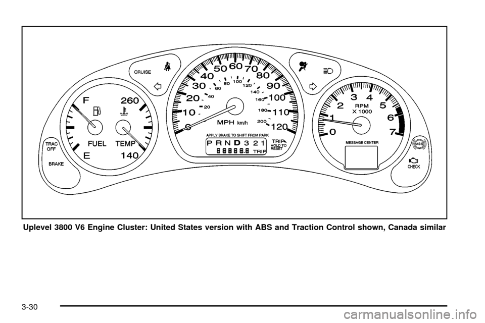 CHEVROLET IMPALA 2003 8.G Owners Manual Uplevel 3800 V6 Engine Cluster: United States version with ABS and Traction Control shown, Canada similar
3-30 