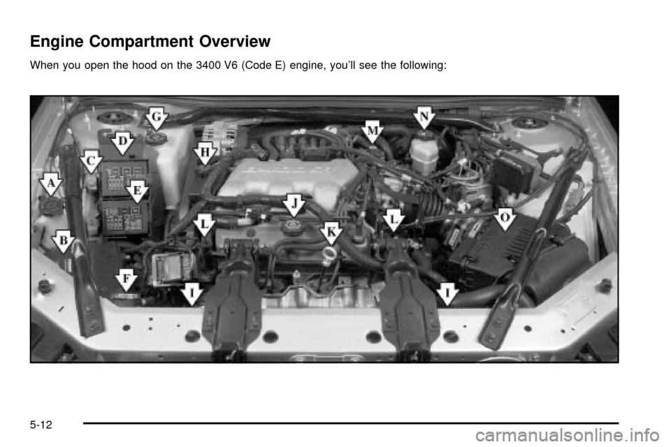 CHEVROLET IMPALA 2003 8.G Owners Manual Engine Compartment Overview
When you open the hood on the 3400 V6 (Code E) engine, youll see the following:
5-12 CHEVROLET IMPALA 2003 8.G Owners Manual Engine Compartment Overview
When you open the hood on the 3400 V6 (Code E) engine, youll see the following:
5-12