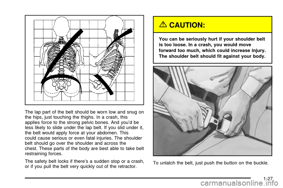 CHEVROLET IMPALA 2003 8.G Owners Guide The lap part of the belt should be worn low and snug on
the hips, just touching the thighs. In a crash, this
applies force to the strong pelvic bones. And youd be
less likely to slide under the lap b