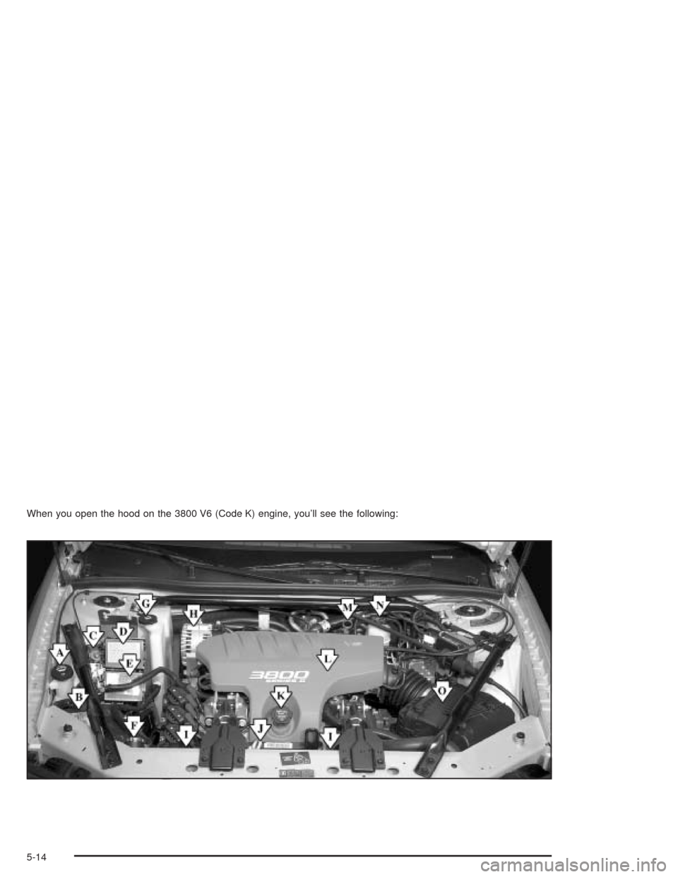 CHEVROLET IMPALA 2004 8.G Owners Manual When you open the hood on the 3800 V6 (Code K) engine, you’ll see the following:
5-14 