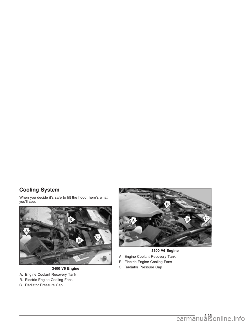 CHEVROLET IMPALA 2004 8.G Owners Manual Cooling System
When you decide it’s safe to lift the hood, here’s what
you’ll see:
A. Engine Coolant Recovery Tank
B. Electric Engine Cooling Fans
C. Radiator Pressure CapA. Engine Coolant Recov