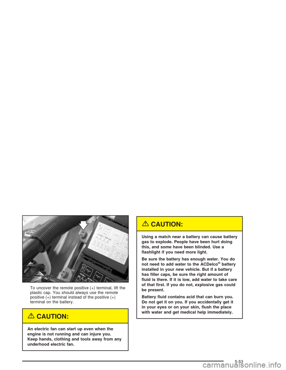 CHEVROLET IMPALA 2004 8.G Owners Manual To uncover the remote positive (+) terminal, lift the
plastic cap. You should always use the remote
positive (+) terminal instead of the positive (+)
terminal on the battery.
{CAUTION:
An electric fan CHEVROLET IMPALA 2004 8.G Owners Manual To uncover the remote positive (+) terminal, lift the
plastic cap. You should always use the remote
positive (+) terminal instead of the positive (+)
terminal on the battery.
{CAUTION:
An electric fan
