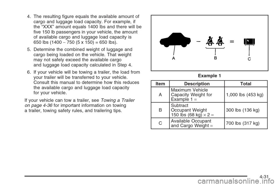 CHEVROLET IMPALA 2006 9.G Owners Manual 4. The resulting �gure equals the available amount of
cargo and luggage load capacity. For example, if
the “XXX” amount equals 1400 lbs and there will be
�ve 150 lb passengers in your vehicle, the