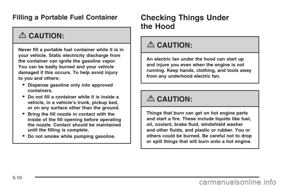 CHEVROLET IMPALA 2006 9.G User Guide Filling a Portable Fuel Container
{CAUTION:
Never �ll a portable fuel container while it is in
your vehicle. Static electricity discharge from
the container can ignite the gasoline vapor.
You can be b