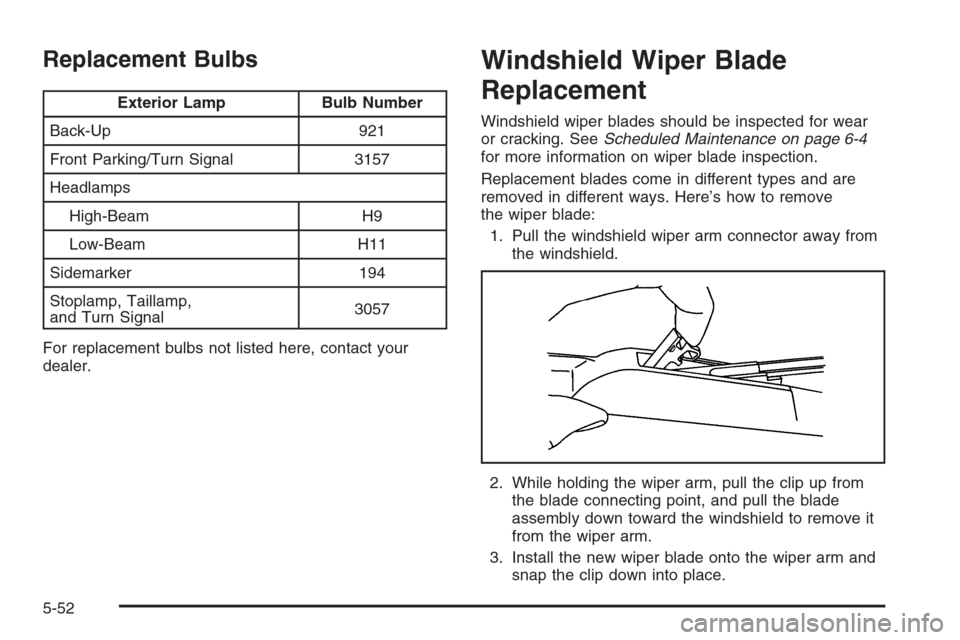 CHEVROLET IMPALA 2006 9.G Owners Manual Replacement Bulbs
Exterior Lamp Bulb Number
Back-Up 921
Front Parking/Turn Signal 3157
Headlamps
High-Beam H9
Low-Beam H11
Sidemarker 194
Stoplamp, Taillamp,
and Turn Signal3057
For replacement bulbs CHEVROLET IMPALA 2006 9.G Owners Manual Replacement Bulbs
Exterior Lamp Bulb Number
Back-Up 921
Front Parking/Turn Signal 3157
Headlamps
High-Beam H9
Low-Beam H11
Sidemarker 194
Stoplamp, Taillamp,
and Turn Signal3057
For replacement bulbs