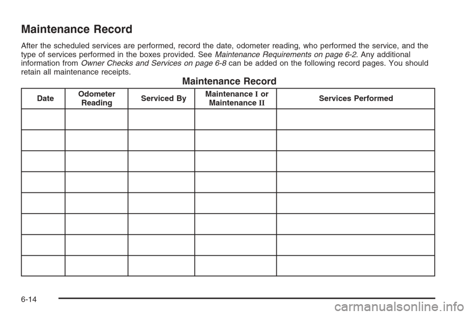 CHEVROLET IMPALA 2006 9.G Owners Manual Maintenance Record
After the scheduled services are performed, record the date, odometer reading, who performed the service, and the
type of services performed in the boxes provided. SeeMaintenance Re