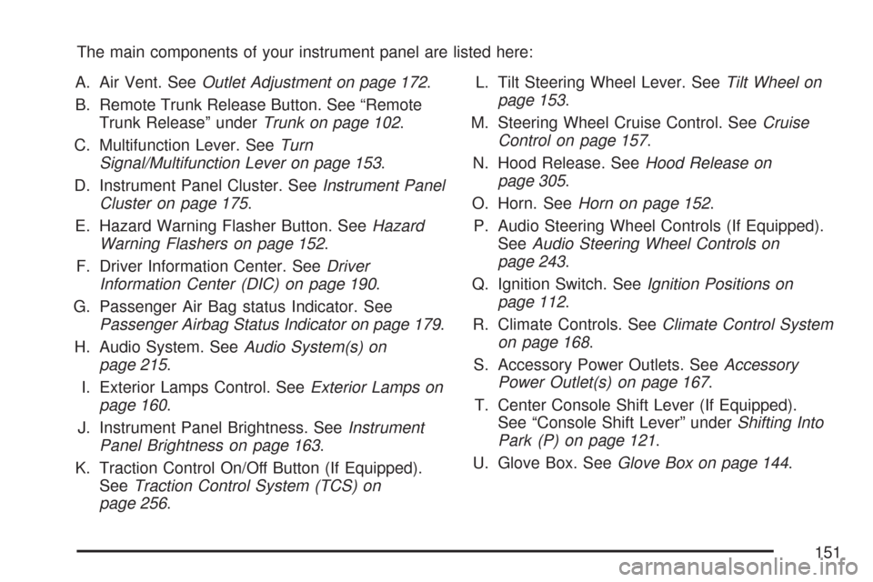 CHEVROLET IMPALA 2007 9.G Owners Manual The main components of your instrument panel are listed here:
A. Air Vent. SeeOutlet Adjustment on page 172.
B. Remote Trunk Release Button. See “Remote
Trunk Release” underTrunk on page 102.
C. M