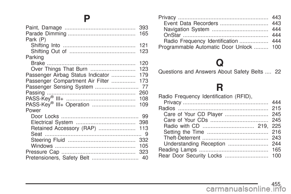 CHEVROLET IMPALA 2007 9.G Owners Manual P
Paint, Damage............................................ 393
Parade Dimming.......................................... 165
Park (P)
Shifting Into............................................. 121
Shi