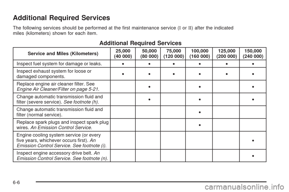 CHEVROLET IMPALA 2009 9.G Owners Manual Additional Required Services
The following services should be performed at the �rst maintenance service (IorII) after the indicated
miles (kilometers) shown for each item.
Additional Required Services