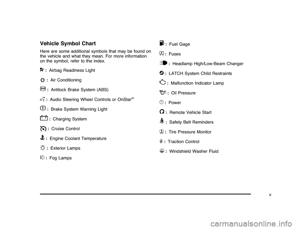 CHEVROLET IMPALA 2010 9.G Owners Manual Vehicle Symbol ChartHere are some additional symbols that may be found on
the vehicle and what they mean. For more information
on the symbol, refer to the index.9
:Airbag Readiness Light
#
:Air Condit