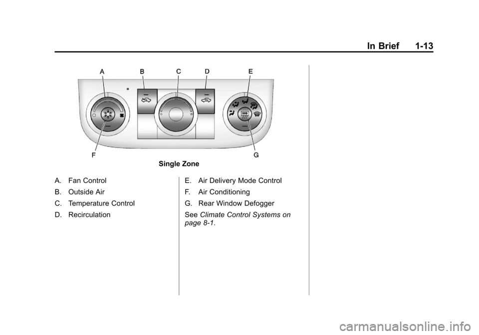 CHEVROLET IMPALA 2011 9.G User Guide Black plate (13,1)Chevrolet Impala Owner Manual - 2011
In Brief 1-13
Single Zone
A. Fan Control
B. Outside Air
C. Temperature Control
D. Recirculation E. Air Delivery Mode Control
F. Air Conditioning
CHEVROLET IMPALA 2011 9.G User Guide Black plate (13,1)Chevrolet Impala Owner Manual - 2011
In Brief 1-13
Single Zone
A. Fan Control
B. Outside Air
C. Temperature Control
D. Recirculation E. Air Delivery Mode Control
F. Air Conditioning