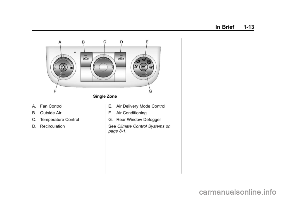 CHEVROLET IMPALA 2011 9.G Owners Manual Black plate (13,1)Chevrolet Impala Owner Manual - 2011
In Brief 1-13
Single Zone
A. Fan Control
B. Outside Air
C. Temperature Control
D. Recirculation E. Air Delivery Mode Control
F. Air Conditioning
