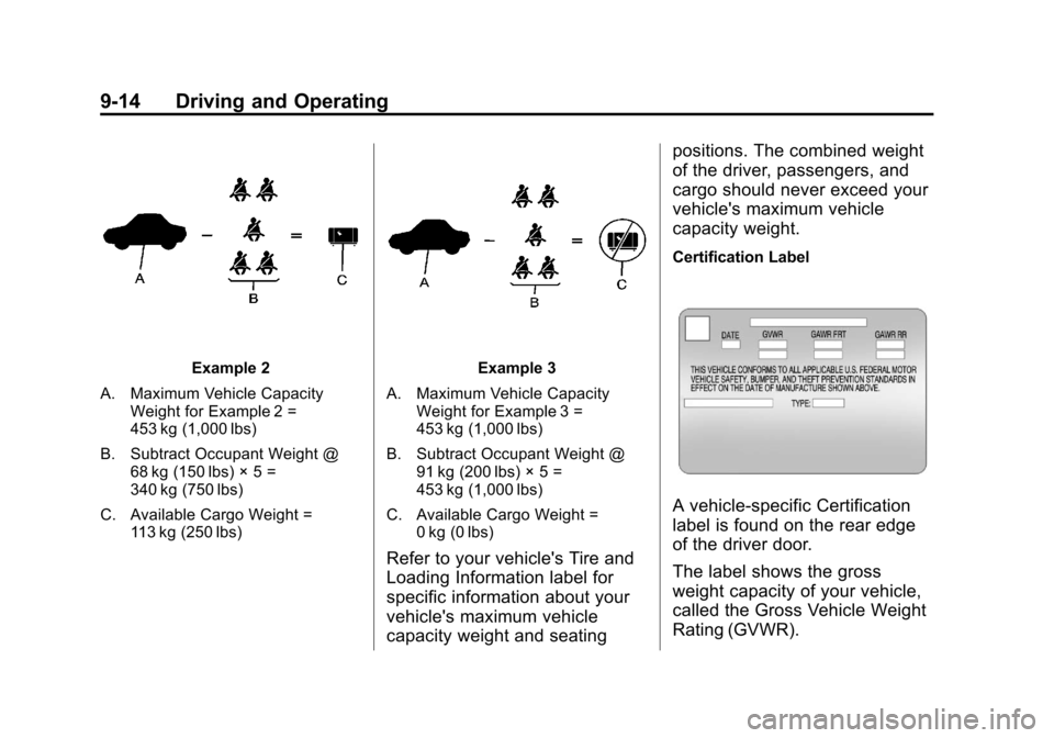CHEVROLET IMPALA 2011 9.G Owners Manual Black plate (14,1)Chevrolet Impala Owner Manual - 2011
9-14 Driving and Operating
Example 2
A. Maximum Vehicle Capacity Weight for Example 2 =
453 kg (1,000 lbs)
B. Subtract Occupant Weight @ 68 kg (1