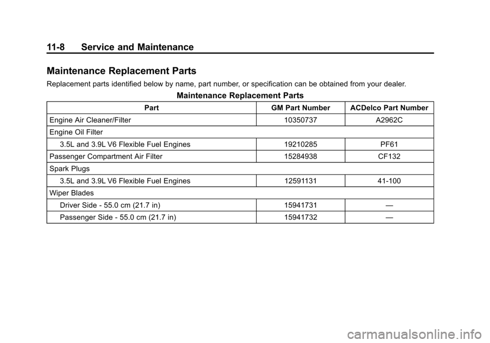 CHEVROLET IMPALA 2011 9.G Owners Manual Black plate (8,1)Chevrolet Impala Owner Manual - 2011
11-8 Service and Maintenance
Maintenance Replacement Parts
Replacement parts identified below by name, part number, or specification can be obtain CHEVROLET IMPALA 2011 9.G Owners Manual Black plate (8,1)Chevrolet Impala Owner Manual - 2011
11-8 Service and Maintenance
Maintenance Replacement Parts
Replacement parts identified below by name, part number, or specification can be obtain