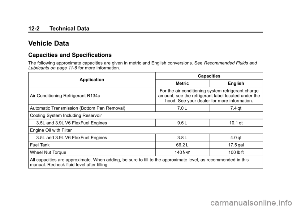 CHEVROLET IMPALA 2011 9.G Owners Manual Black plate (2,1)Chevrolet Impala Owner Manual - 2011
12-2 Technical Data
Vehicle Data
Capacities and Specifications
The following approximate capacities are given in metric and English conversions. S