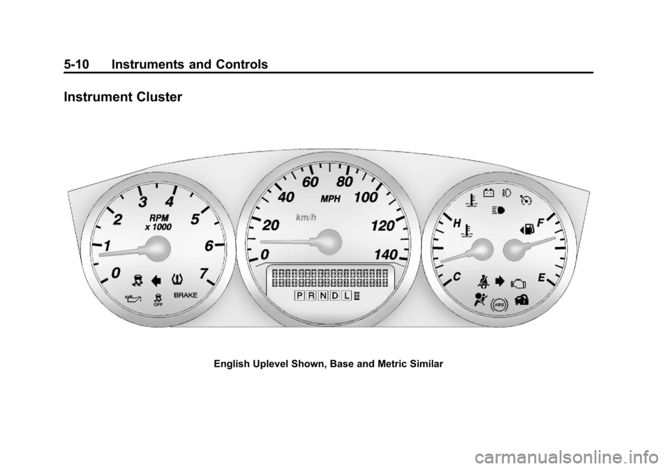 CHEVROLET IMPALA 2012 9.G Owners Manual Black plate (10,1)Chevrolet Impala Owner Manual - 2012
5-10 Instruments and Controls
Instrument Cluster
English Uplevel Shown, Base and Metric Similar CHEVROLET IMPALA 2012 9.G Owners Manual Black plate (10,1)Chevrolet Impala Owner Manual - 2012
5-10 Instruments and Controls
Instrument Cluster
English Uplevel Shown, Base and Metric Similar