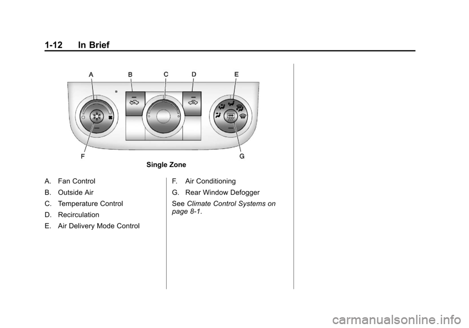 CHEVROLET IMPALA 2013 9.G Owners Manual Black plate (12,1)Chevrolet Impala Owner Manual - 2013 - crc - 8/27/12
1-12 In Brief
Single Zone
A. Fan Control
B. Outside Air
C. Temperature Control
D. Recirculation
E. Air Delivery Mode Control F. A