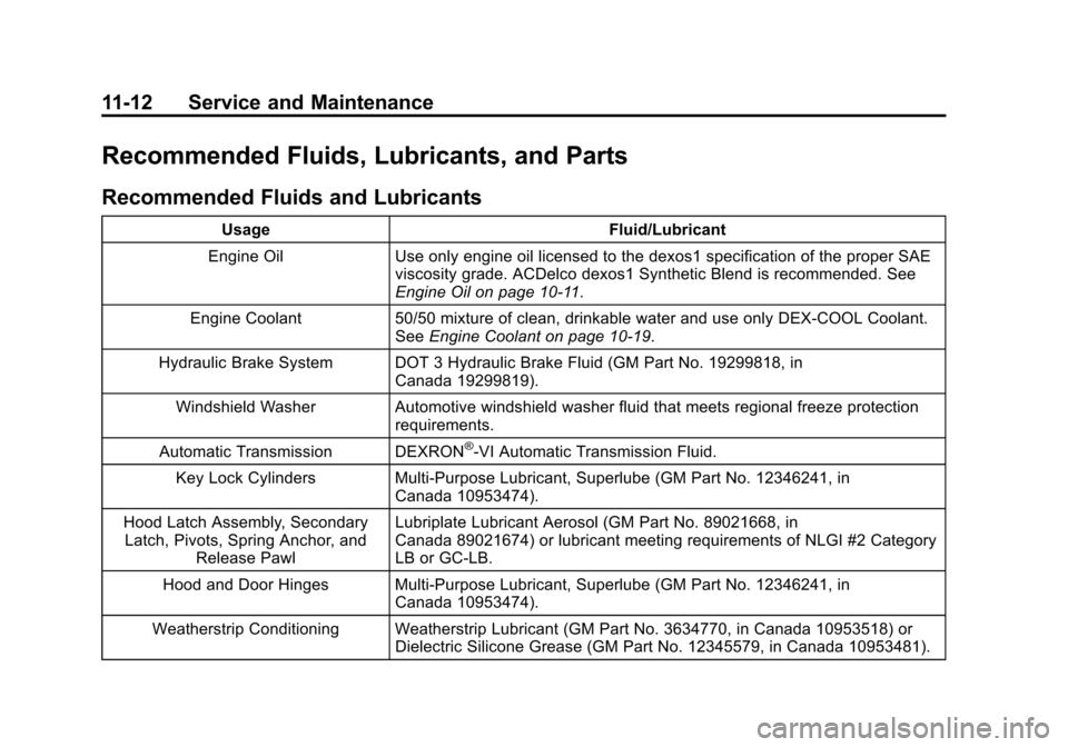 CHEVROLET IMPALA 2014 10.G Owners Manual Black plate (12,1)Chevrolet Impala Owner Manual (GMNA-Localizing-U.S./Canada-5772216) -
2014 - 2nd crc - 5/14/13
11-12 Service and Maintenance
Recommended Fluids, Lubricants, and Parts
Recommended Flu CHEVROLET IMPALA 2014 10.G Owners Manual Black plate (12,1)Chevrolet Impala Owner Manual (GMNA-Localizing-U.S./Canada-5772216) -
2014 - 2nd crc - 5/14/13
11-12 Service and Maintenance
Recommended Fluids, Lubricants, and Parts
Recommended Flu