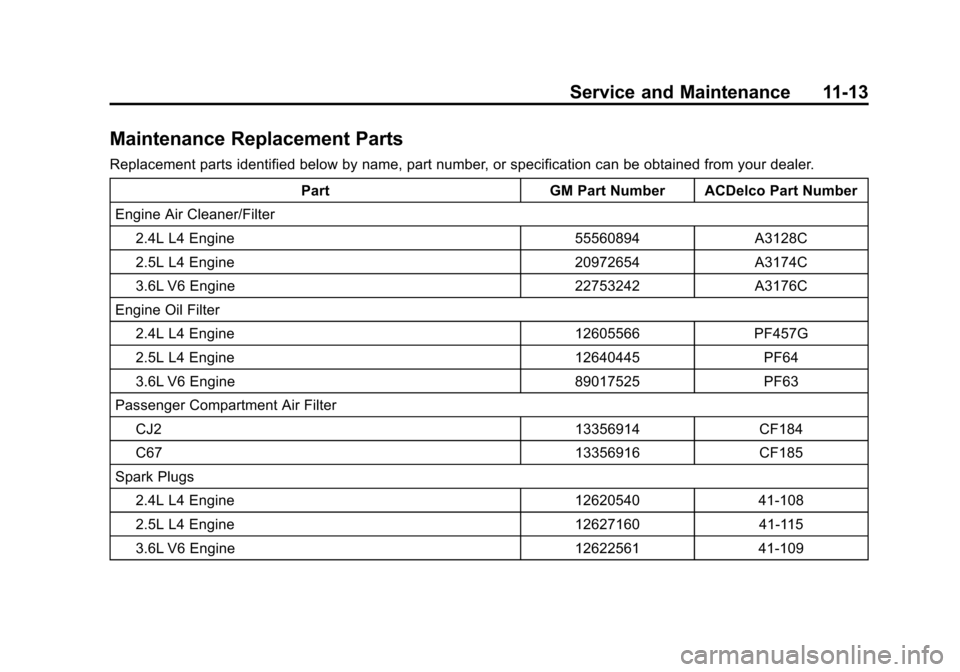 CHEVROLET IMPALA 2014 10.G Owners Manual Black plate (13,1)Chevrolet Impala Owner Manual (GMNA-Localizing-U.S./Canada-5772216) -
2014 - 2nd crc - 5/14/13
Service and Maintenance 11-13
Maintenance Replacement Parts
Replacement parts identifie