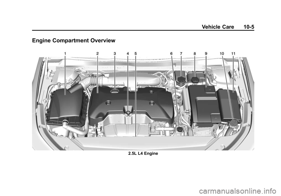 CHEVROLET IMPALA 2015 10.G Owners Manual Black plate (5,1)Chevrolet Impala Owner Manual (GMNA-Localizing-U.S./Canada-7576026) -
2015 - crc 2nd edition - 8/21/14
Vehicle Care 10-5
Engine Compartment Overview
2.5L L4 Engine CHEVROLET IMPALA 2015 10.G Owners Manual Black plate (5,1)Chevrolet Impala Owner Manual (GMNA-Localizing-U.S./Canada-7576026) -
2015 - crc 2nd edition - 8/21/14
Vehicle Care 10-5
Engine Compartment Overview
2.5L L4 Engine