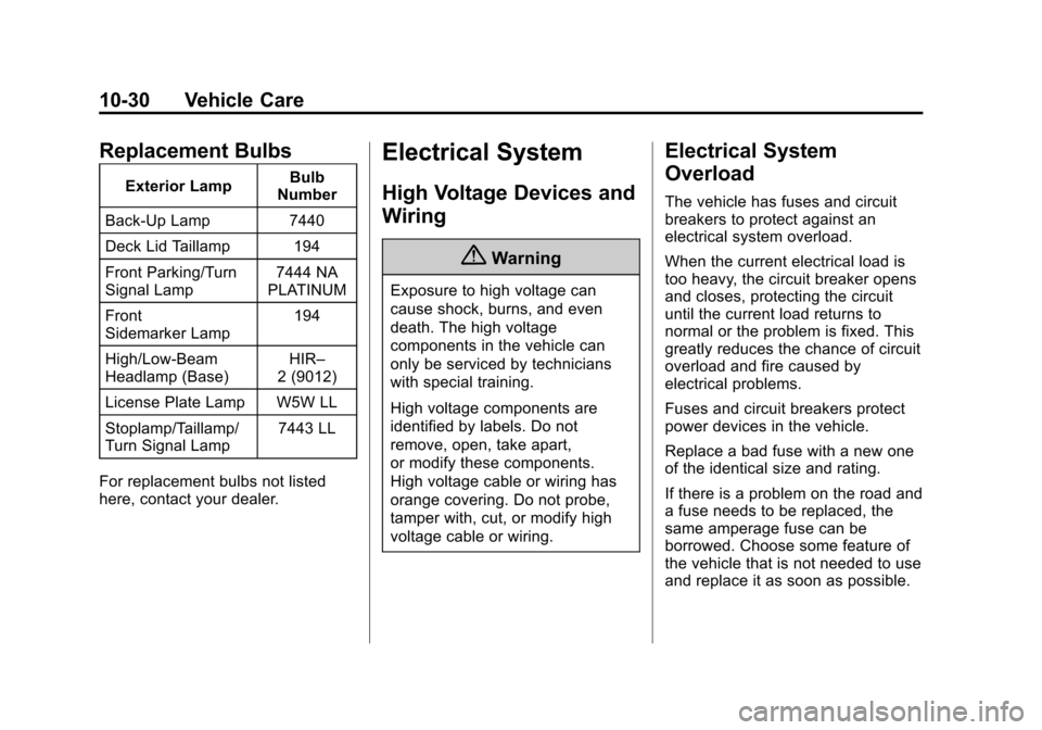 CHEVROLET IMPALA 2015 10.G Owners Manual Black plate (30,1)Chevrolet Impala Owner Manual (GMNA-Localizing-U.S./Canada-7576026) -
2015 - crc 2nd edition - 8/21/14
10-30 Vehicle Care
Replacement Bulbs
Exterior LampBulb
Number
Back-Up Lamp 7440