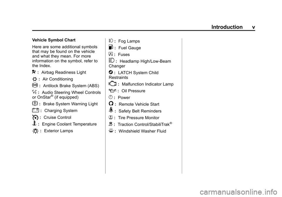 CHEVROLET IMPALA 2015 10.G Owners Manual Black plate (5,1)Chevrolet Impala Owner Manual (GMNA-Localizing-U.S./Canada-7576026) -
2015 - crc 2nd edition - 8/21/14
Introduction v
Vehicle Symbol Chart
Here are some additional symbols
that may be CHEVROLET IMPALA 2015 10.G Owners Manual Black plate (5,1)Chevrolet Impala Owner Manual (GMNA-Localizing-U.S./Canada-7576026) -
2015 - crc 2nd edition - 8/21/14
Introduction v
Vehicle Symbol Chart
Here are some additional symbols
that may be