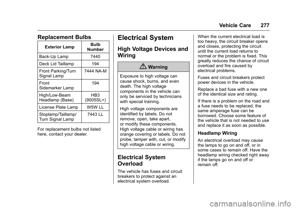 CHEVROLET IMPALA 2017 10.G Owners Manual Chevrolet Impala Owner Manual (GMNA-Localizing-U.S./Canada-9921197) -
2017 - crc - 3/30/16
Vehicle Care 277
Replacement Bulbs
Exterior LampBulb
Number
Back-Up Lamp 7440
Deck Lid Taillamp 194
Front Par