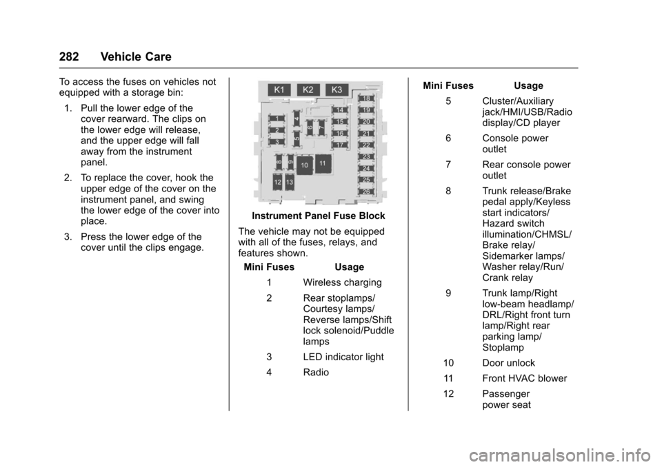 CHEVROLET IMPALA 2017 10.G Owners Manual Chevrolet Impala Owner Manual (GMNA-Localizing-U.S./Canada-9921197) -
2017 - crc - 3/30/16
282 Vehicle Care
To access the fuses on vehicles not
equipped with a storage bin:1. Pull the lower edge of th
