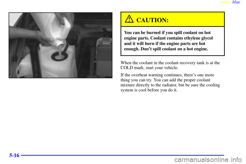 CHEVROLET LUMINA 1999 2.G Owners Manual yellowblue     
5-16
CAUTION:
You can be burned if you spill coolant on hot
engine parts. Coolant contains ethylene glycol
and it will burn if the engine parts are hot
enough. Dont spill coolant on a