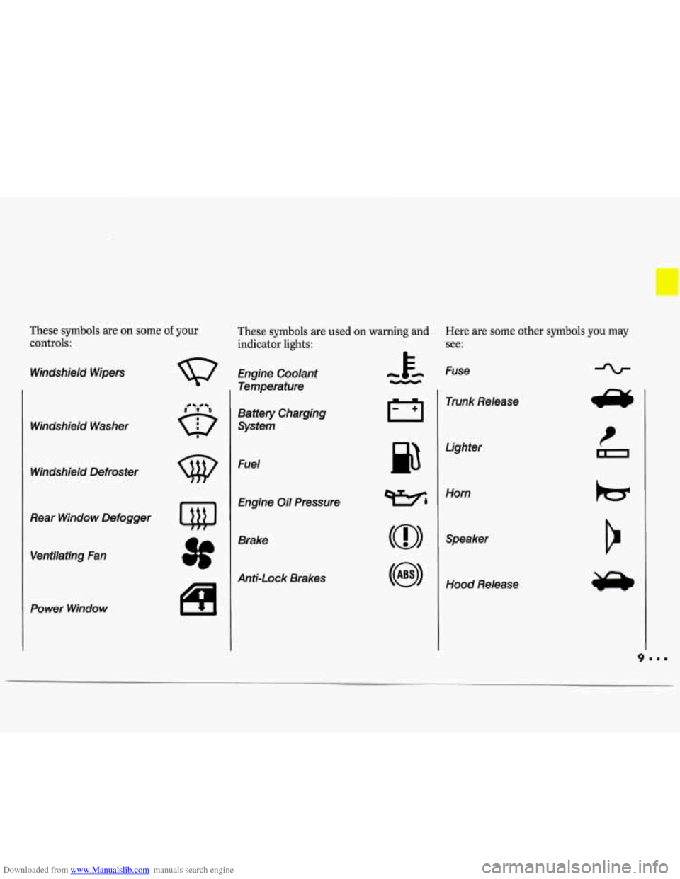 CHEVROLET LUMINA 1993 1.G Owners Manual Downloaded from www.Manualslib.com manuals search engine These  symbols are on some of your 
controls: 
Windshield  Wipers 
Windshield  Washer 
Windshield  Defroster 
Rear  Window  Defogger  Ventilati