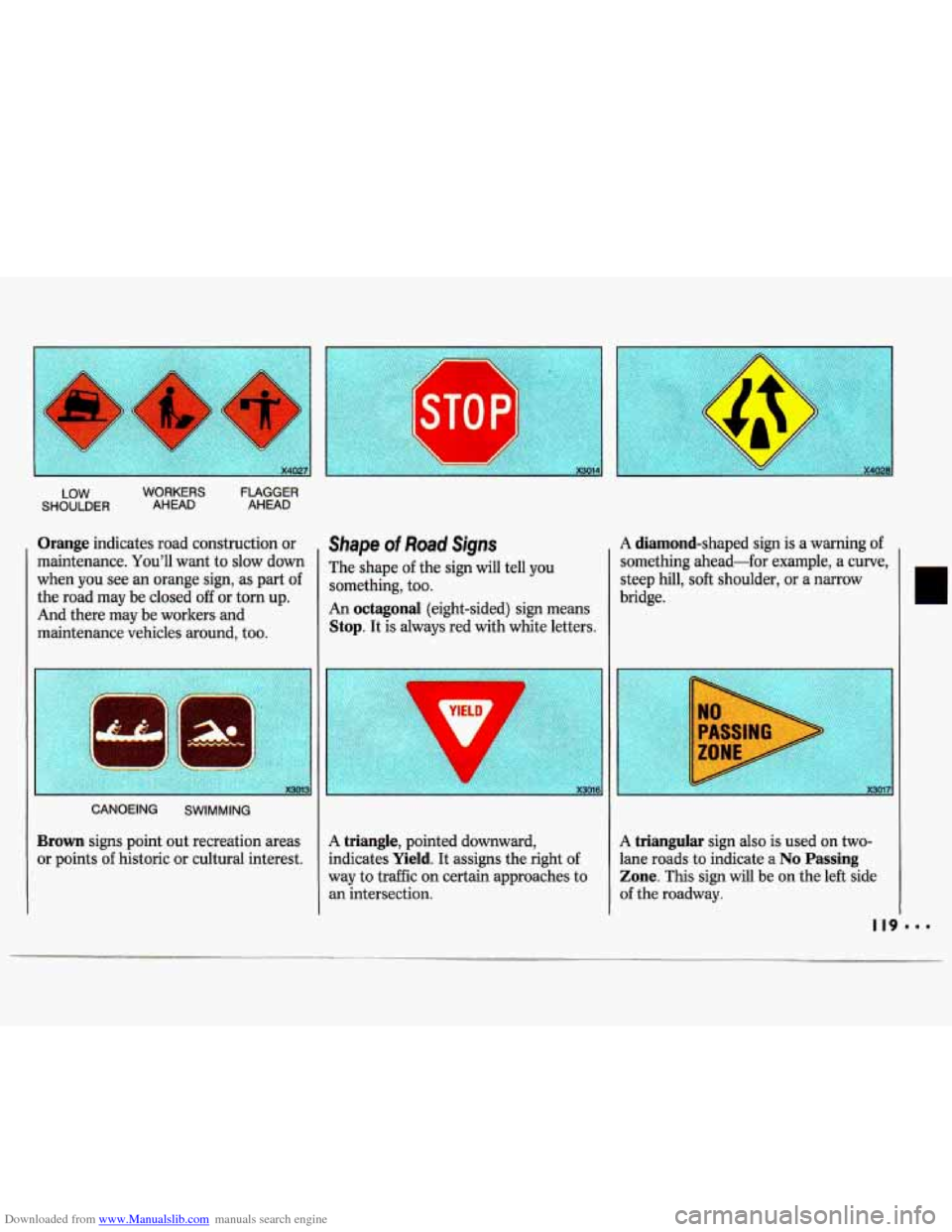 CHEVROLET LUMINA 1993 1.G Owners Manual Downloaded from www.Manualslib.com manuals search engine LOW WORKERS  FLAGGER 
SHOULDER  AHEAD  AHEAD 
Orange  indicates  road construction  or 
maintenance.  Youll want to slow  down 
when  you see 