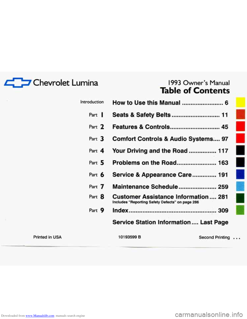 CHEVROLET LUMINA 1993 1.G Owners Manual Downloaded from www.Manualslib.com manuals search engine 0 Chevrolet Lumina I993 Owner’s Nanual 
Table of Contents 
Printed  in USA 
Part 2 
Part 3 
Part 4 
Part 5 
Part 6 
Introduction How to  Use 