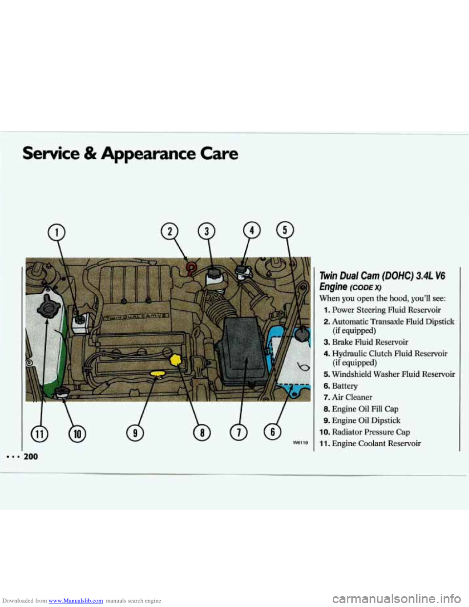 CHEVROLET LUMINA 1993 1.G Owners Manual Downloaded from www.Manualslib.com manuals search engine Service & Appearance  Care 
= 200 
W6119 
Twin Dual  Cam (DOHC) 3.4L V6 
Engine (CODE X) 
When  you  open  the  hood,  you’ll  see: 
1. Power