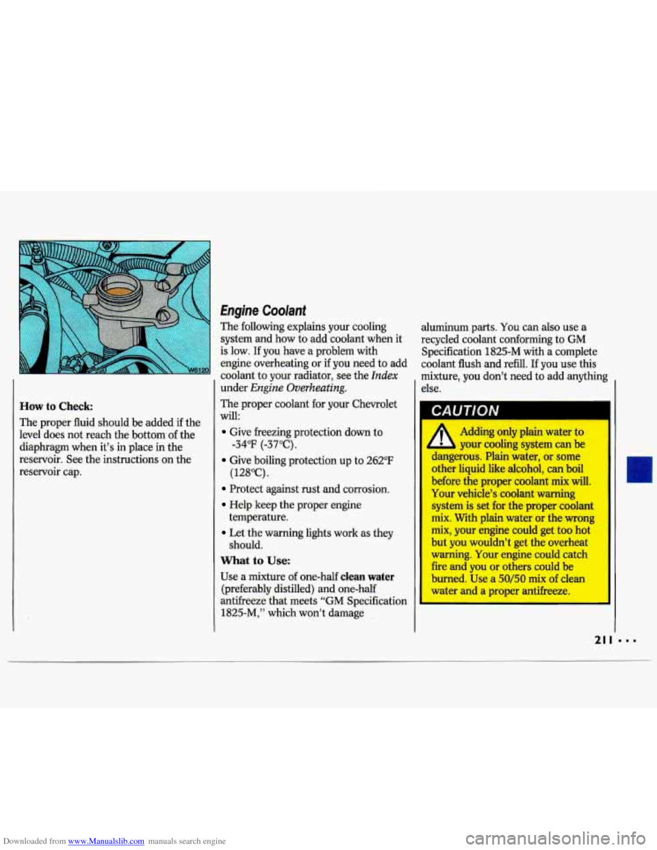 CHEVROLET LUMINA 1993 1.G Owners Manual Downloaded from www.Manualslib.com manuals search engine How to Check 
The  proper  fluid  should  be added if the 
level  does  not reach the bottom  of the 
diaphragm  when  it’s 
in place in the 