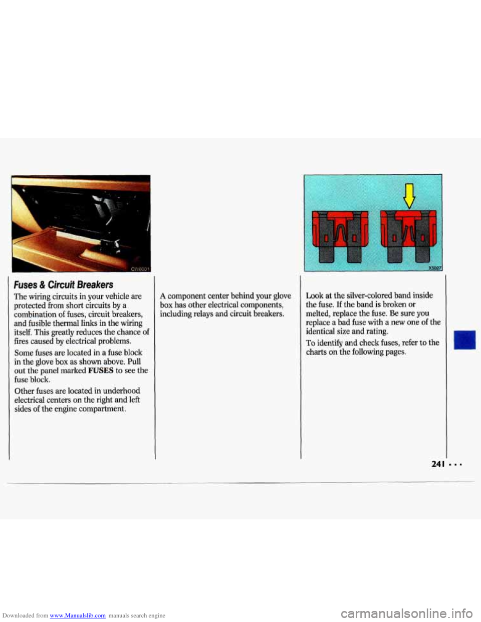 CHEVROLET LUMINA 1993 1.G Owners Manual Downloaded from www.Manualslib.com manuals search engine Fuses & Circuit Breakers 
The  wiring circuits in your  vehicle  are 
protected 
from short  circuits  by a 
combination  of fuses,  circuit  b