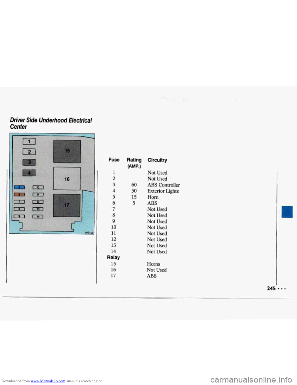 CHEVROLET LUMINA 1993 1.G Owners Manual Downloaded from www.Manualslib.com manuals search engine Driver Side Underhood  EIectricaI 
Center 
Fuse 
1 
2 
3 
4 
5 
6 
7 
8 
9 
10 
11 
12 
13 
14 
Relay 
15 
16 
17 
Rating  Circuitry 
Not  Used