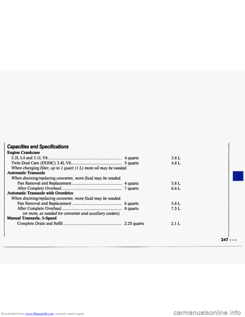 CHEVROLET LUMINA 1993 1.G Owners Manual Downloaded from www.Manualslib.com manuals search engine Capacities and  Specifications 
Engine  Crankcase 
2.2L  L4 and 3.1L V6 ...................................................................... 