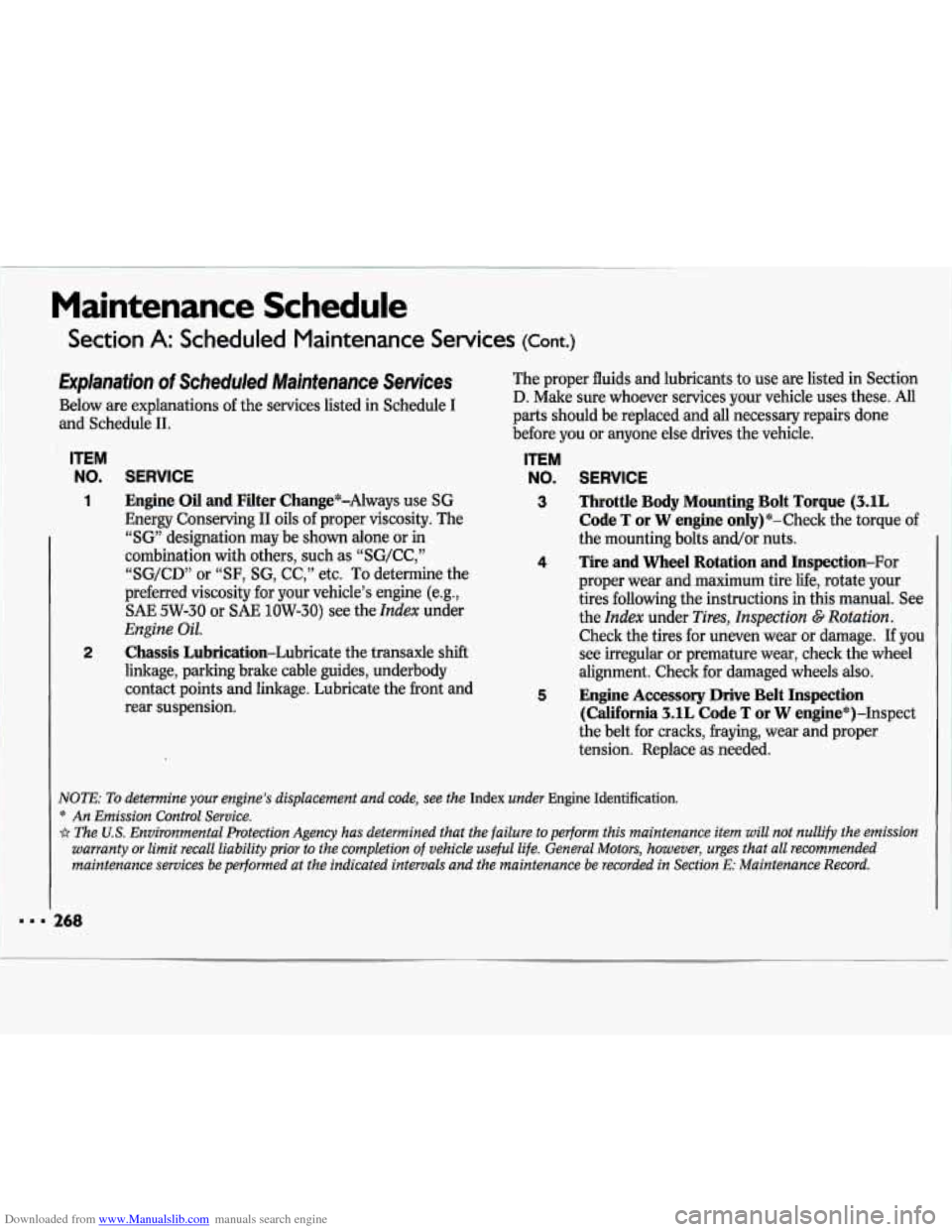 CHEVROLET LUMINA 1993 1.G Owners Manual Downloaded from www.Manualslib.com manuals search engine Maintenance Schedule 
Section A: Scheduled  Maintenance  Services (cont.) 
Explanation of Scheduled  Maintenance  Services 
Below are explanati