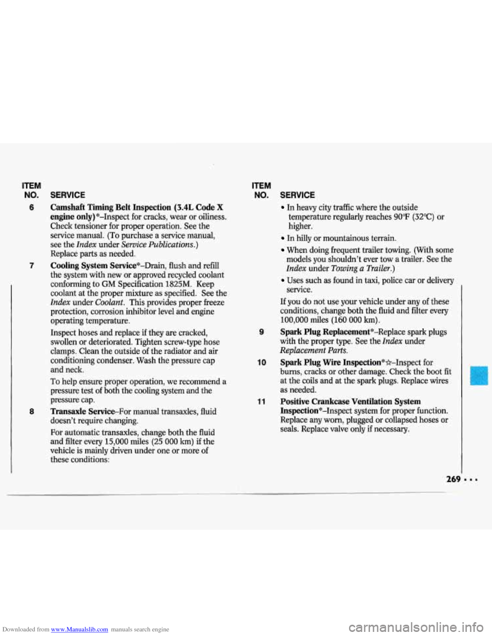 CHEVROLET LUMINA 1993 1.G Owners Manual Downloaded from www.Manualslib.com manuals search engine ITEM
NO. SERVICE
6 Camshaft Timing Belt Inspection (3.4L Code X
engine only)*-Inspect for cracks, wear or oiliness.
Check tensioner CHEVROLET LUMINA 1993 1.G Owners Manual Downloaded from www.Manualslib.com manuals search engine ITEM
NO. SERVICE
6 Camshaft Timing Belt Inspection (3.4L Code X
engine only)*-Inspect for cracks, wear or oiliness.
Check tensioner