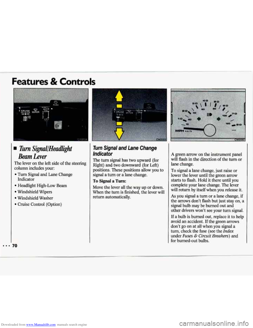 CHEVROLET LUMINA 1993 1.G Owners Manual Downloaded from www.Manualslib.com manuals search engine Features & Controls 
Turn SillHeadlight 
Beam kver 
The  lever  on the left  side of the  steering 
column  includes  your: 
Turn  Signal  and