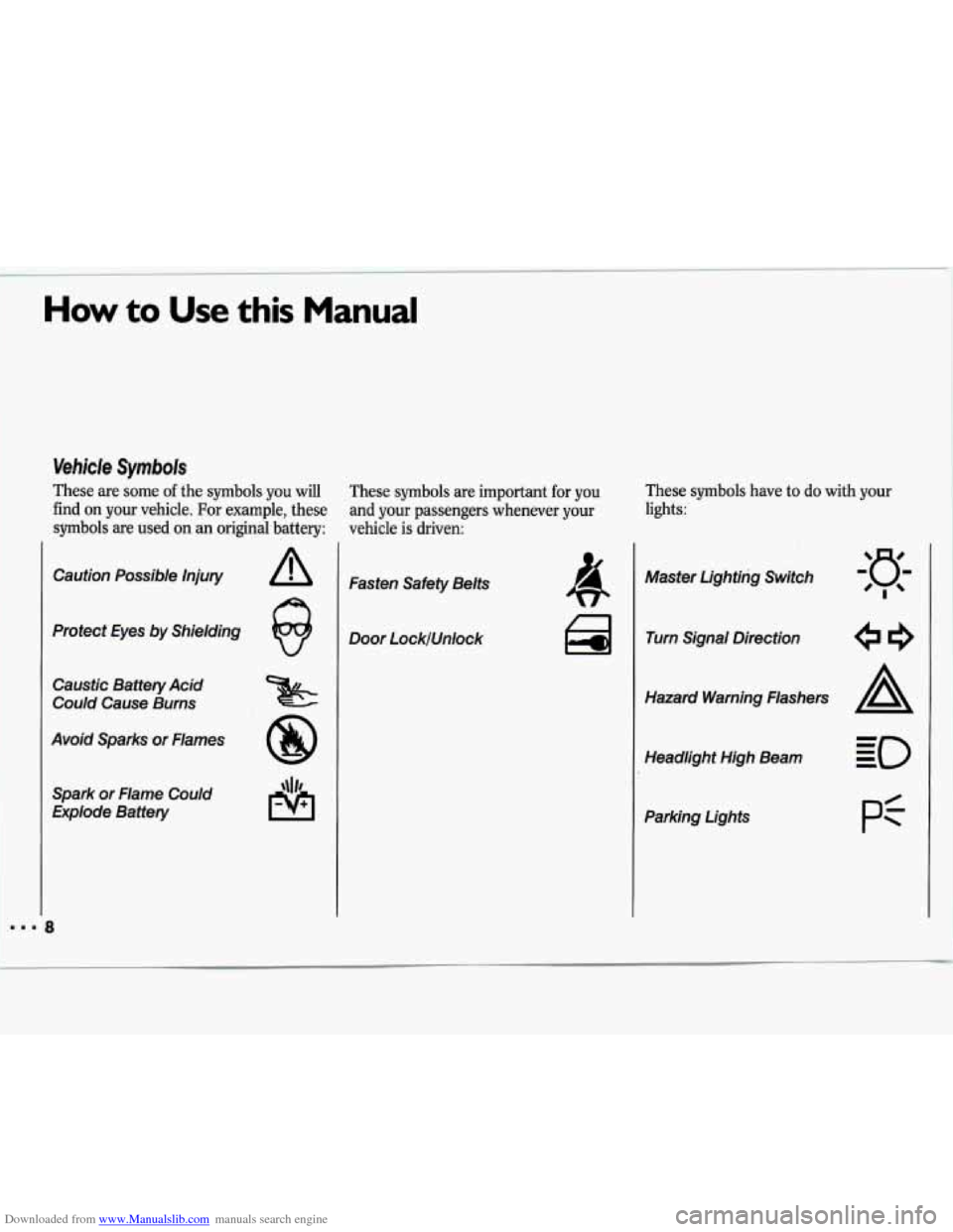 CHEVROLET LUMINA 1993 1.G Owners Manual Downloaded from www.Manualslib.com manuals search engine How to Use this Manual
Vehicle Symbols
These are some of the symbols you will
find on your vehicle. For example, these
symbols
are CHEVROLET LUMINA 1993 1.G Owners Manual Downloaded from www.Manualslib.com manuals search engine How to Use this Manual
Vehicle Symbols
These are some of the symbols you will
find on your vehicle. For example, these
symbols
are