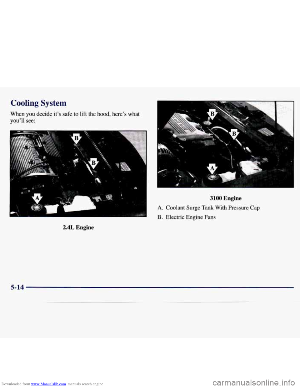 CHEVROLET MALIBU 1997 5.G Owners Manual Downloaded from www.Manualslib.com manuals search engine Cooling System 
When you decide its safe to lift the  hood,  heres  what 
youll  see: 
2.4L Engine 
k 
t 
3100 Engine 
A. Coolant  Surge  Ta