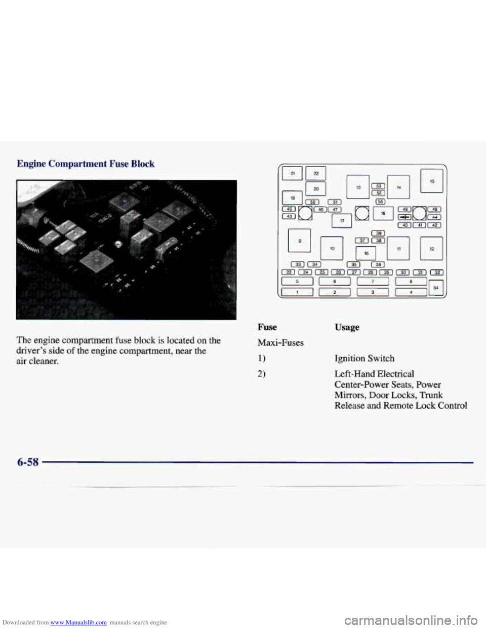 CHEVROLET MALIBU 1997 5.G Owners Manual Downloaded from www.Manualslib.com manuals search engine Engine Compartment Fuse Block
The engine compartment fuse block is located on the
driver’s side of the engine compartment,
nea CHEVROLET MALIBU 1997 5.G Owners Manual Downloaded from www.Manualslib.com manuals search engine Engine Compartment Fuse Block
The engine compartment fuse block is located on the
driver’s side of the engine compartment,
nea