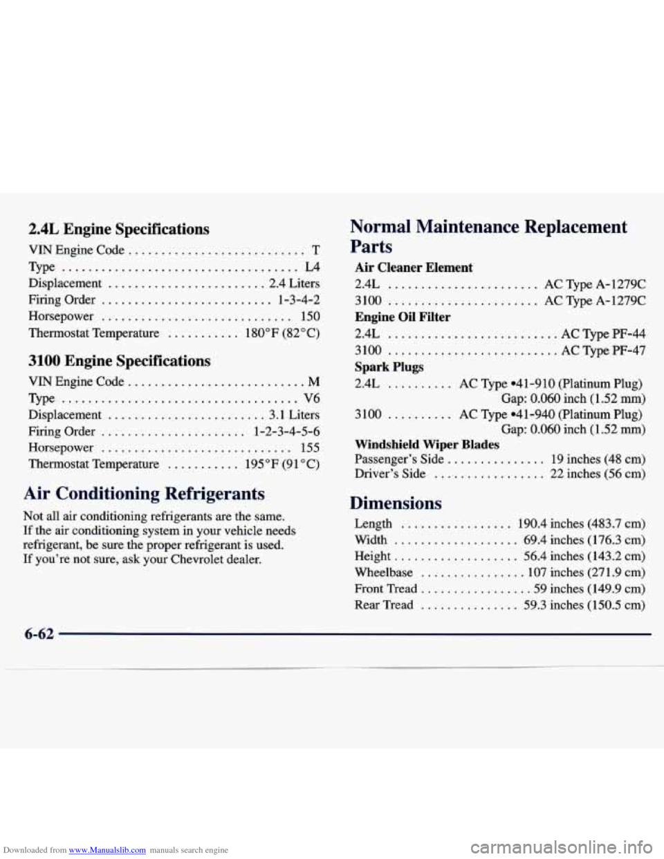 CHEVROLET MALIBU 1997 5.G Owners Manual Downloaded from www.Manualslib.com manuals search engine 2.4L Engine Specifications
VIN Engine Code ........................... T
Type
.................................... L4
Displacement
..... CHEVROLET MALIBU 1997 5.G Owners Manual Downloaded from www.Manualslib.com manuals search engine 2.4L Engine Specifications
VIN Engine Code ........................... T
Type
.................................... L4
Displacement
.....