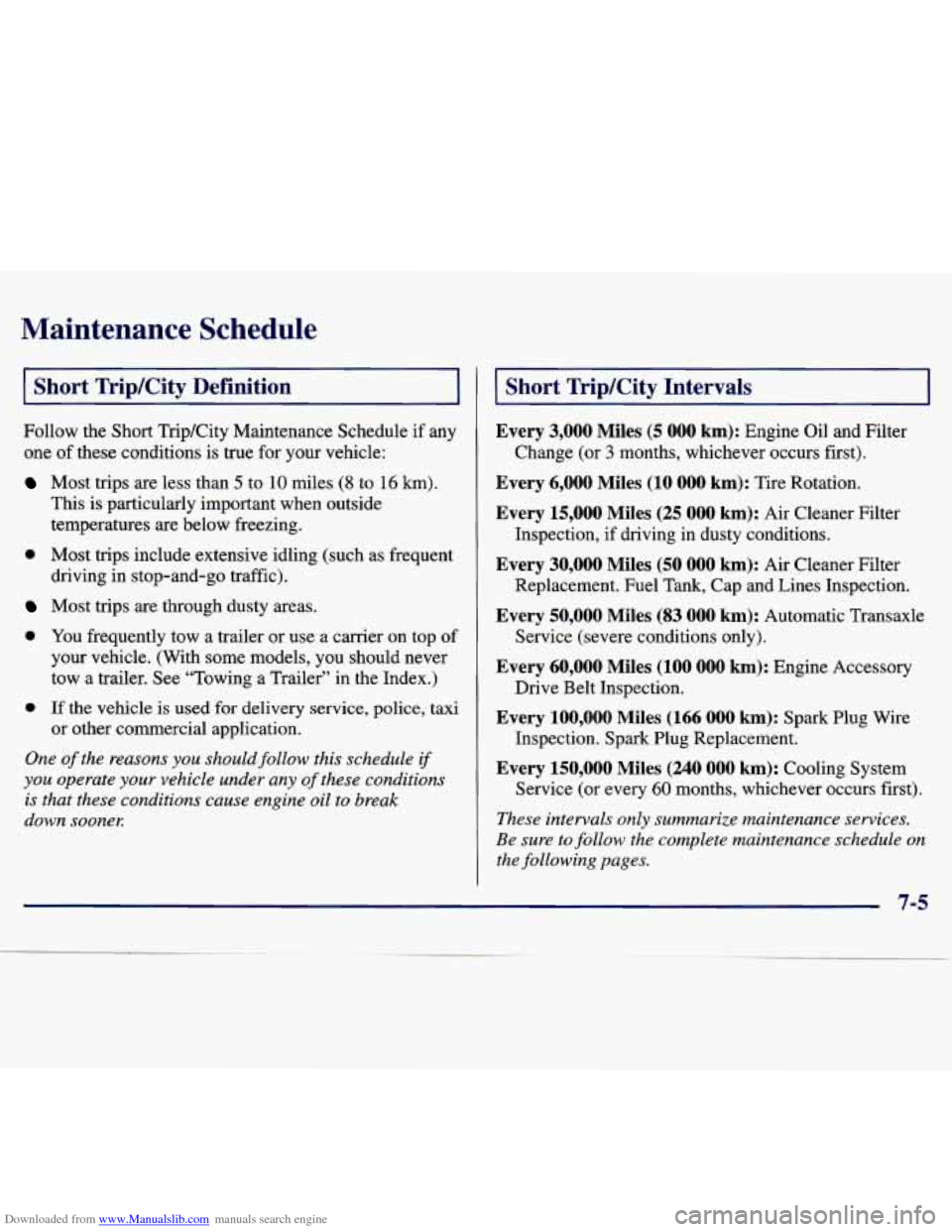 CHEVROLET MALIBU 1997 5.G Owners Manual Downloaded from www.Manualslib.com manuals search engine Maintenance  Schedule 
I Short  Trip/City  Definition 
Follow the Short  Trip/City  Maintenance  Schedule  if  any 
one  of these  conditions  