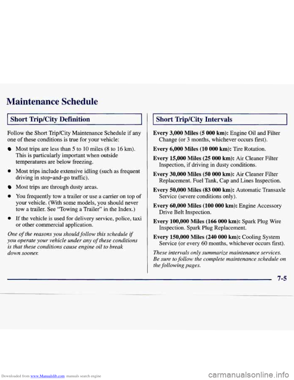 CHEVROLET MALIBU 1997 5.G Owners Manual Downloaded from www.Manualslib.com manuals search engine Maintenance Schedule
I Short Trip/City Definition
Follow the Short Trip/City Maintenance Schedule if any
one of these conditions CHEVROLET MALIBU 1997 5.G Owners Manual Downloaded from www.Manualslib.com manuals search engine Maintenance Schedule
I Short Trip/City Definition
Follow the Short Trip/City Maintenance Schedule if any
one of these conditions