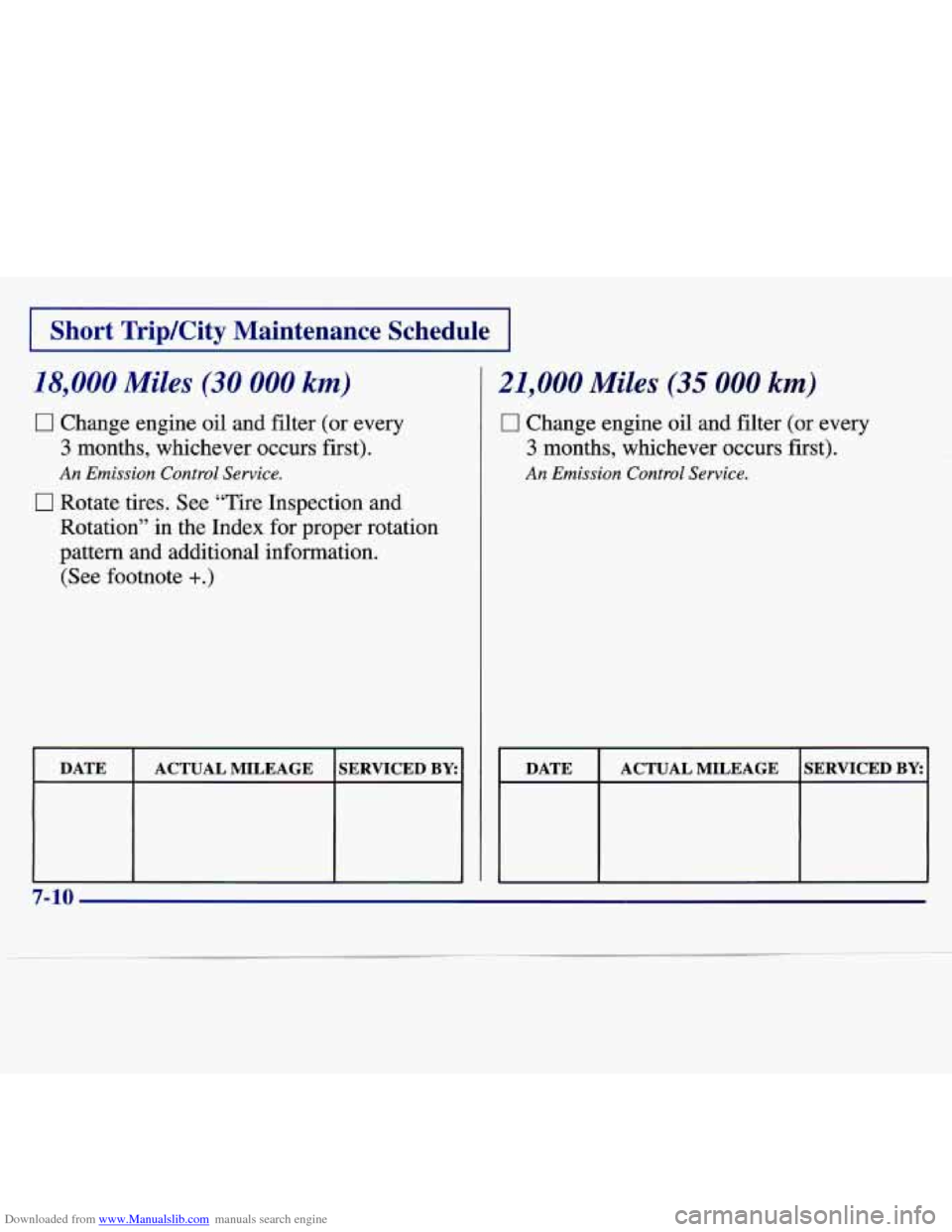 CHEVROLET MALIBU 1997 5.G Owners Manual Downloaded from www.Manualslib.com manuals search engine I Short  TripKity  Maintenance Schedu 
18,000 Miles (30 000 km) 
0 Change  engine oil and  filter  (or  every 
3 months,  whichever  occurs  fi