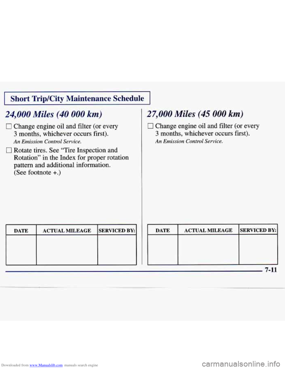 CHEVROLET MALIBU 1997 5.G Owners Manual Downloaded from www.Manualslib.com manuals search engine I Short  Trip/City  Maintenance  Schedule I 
24,000 Miles (40 000 km) 
0 Change  engine oil and filter  (or every 
3 months,  whichever  occurs