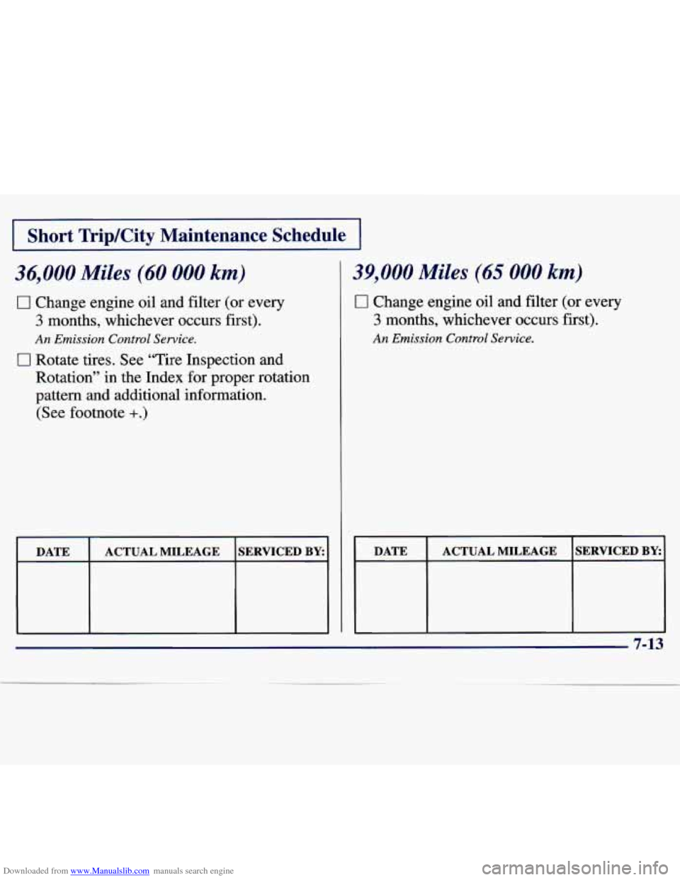 CHEVROLET MALIBU 1997 5.G Owners Manual Downloaded from www.Manualslib.com manuals search engine I Short TripKity  Maintenance  Schedule I 
36,000 Miles (60 000 km) 
0 Change  engine oil and filter  (or every 
3 months,  whichever  occurs  